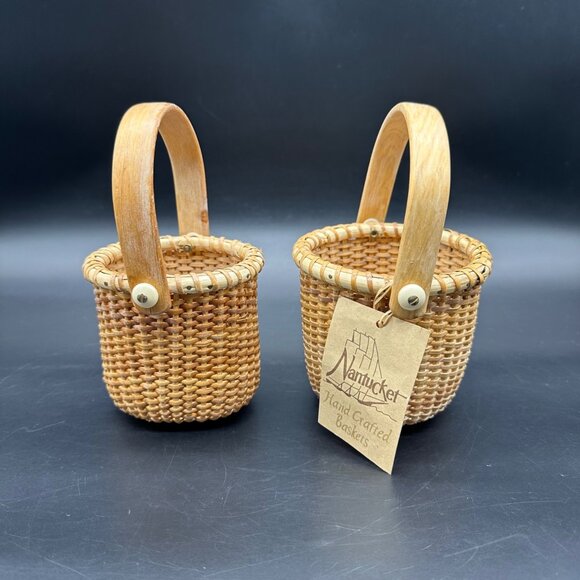 Vintage Nantucket Baskets Handcrafted Woven Swing Handle Set of 2 Boho Farmhouse - Picture 5 of 12